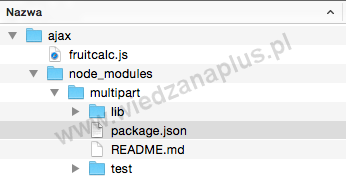 Zawartość katalogu po zainstalowaniu modułu multipart w Node.js