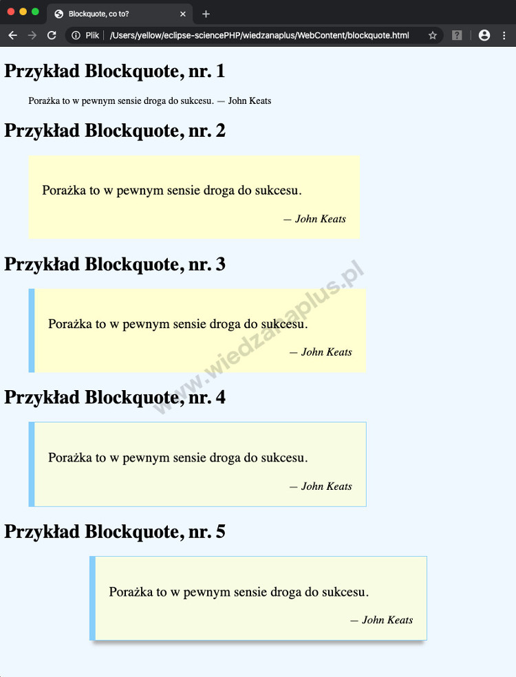 Rys. 1. Podgląd przykładów znacznika blockquote w przeglądarce Chrome