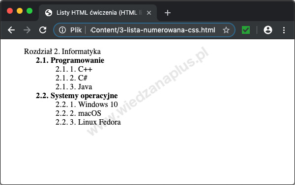 Rys. 3. Listy Wielopoziomowe HTML, przeglądarka Chrome