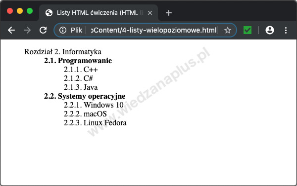 Rys. 4. Lista zagnieżdżona HTML, przeglądarka Chrome
