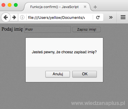 Okno decyzyjne JavaScript w przeglądarce Firefox