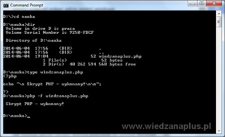 Uruchomienie skryptu PHP z wiersza poleceń w systemie operacyjnym Windows 7.