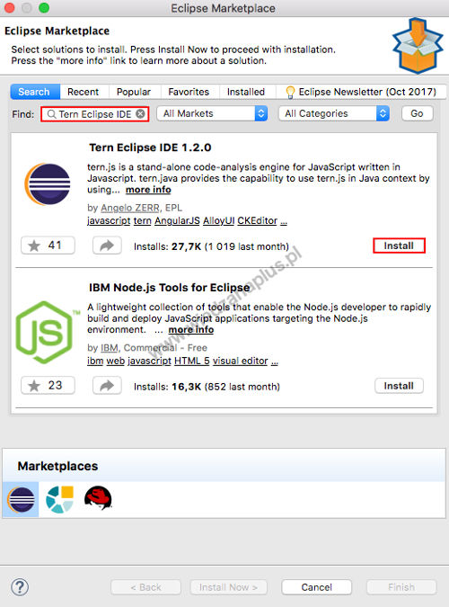 Wyszukiwanie wtyczki Tern Eclipse IDE (składnia jQuery w Eclipse)