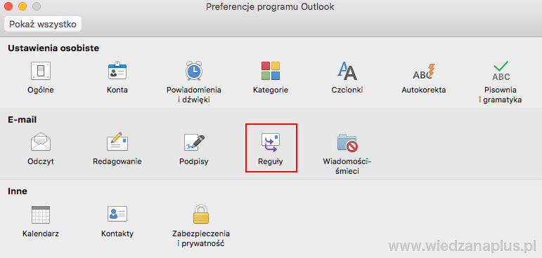 Rys. 1. Uruchamiania okna Reguły, Microsoft Outlook 2016 Mac
