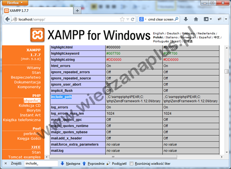 Podgląd funkcji phpinfo() na serwerze XAMPP.