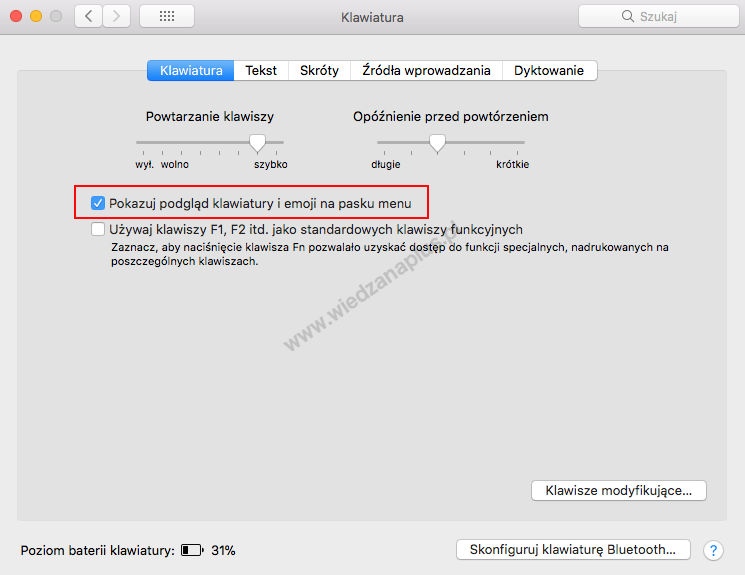 Rys. 2. Włączenie podglądu klawiatury i znaków specjalnych na pasku menu macOS