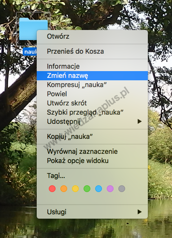 Zmiana nazwy katalogu za pomocą menu kontekstowego, macOS